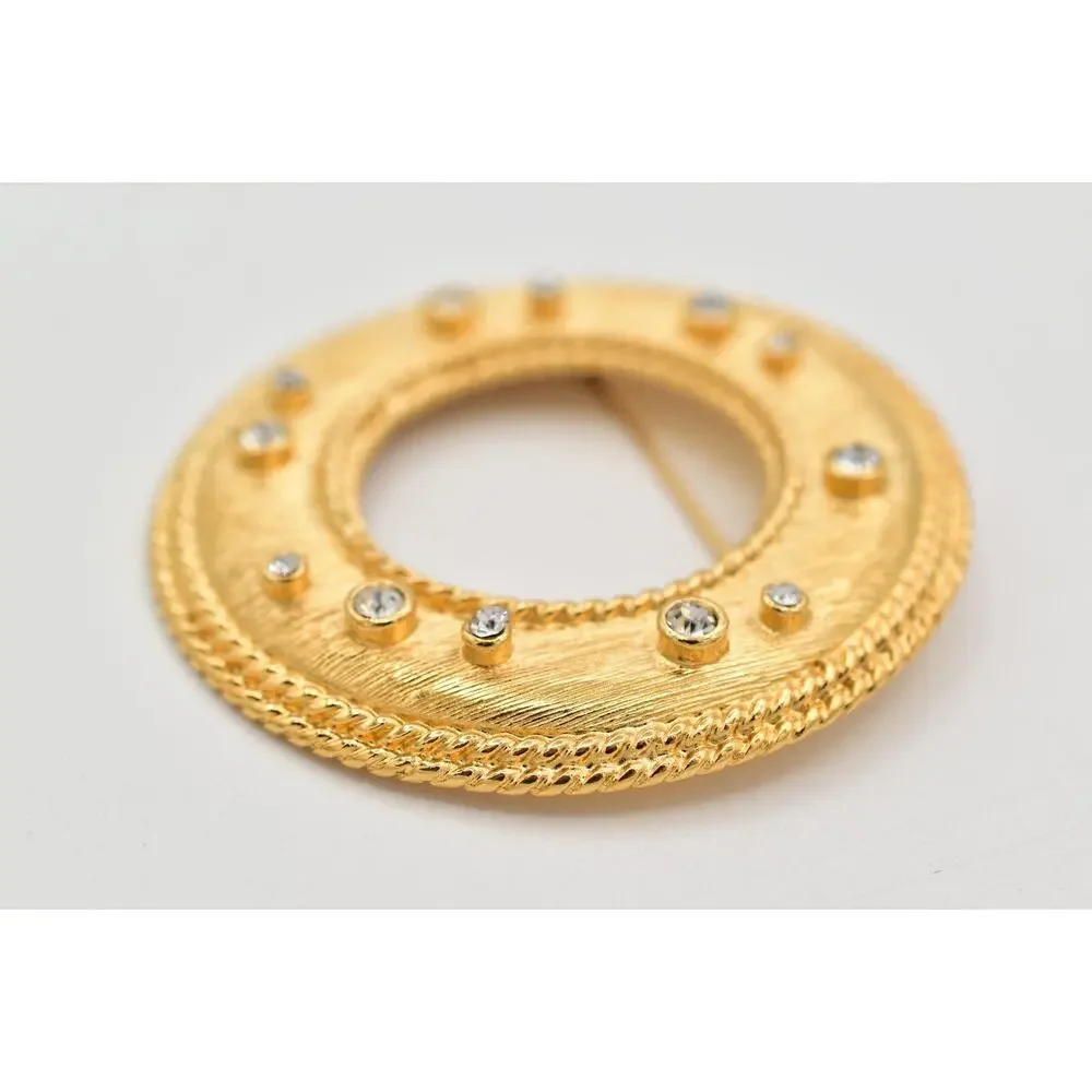 Vintage Chunky Round Pin Brooch Textured Matte Rhinestone Crystal Heavy 1980s 9B